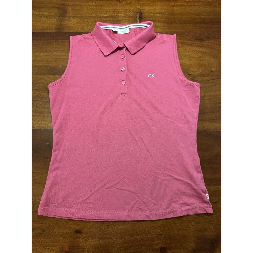 Calvin Klein Golf Women's M Medium Pink Sleeveless Polo Shirt Top Logo Preppy